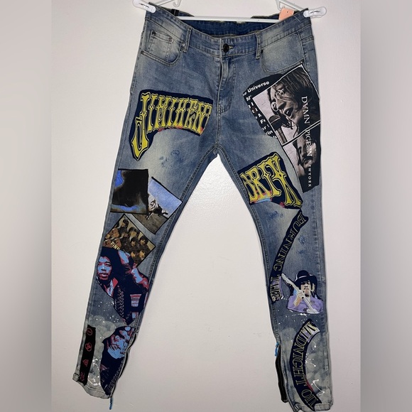 DAMN PIGEON NEW YORK Graphic Blue Jeans - Picture 1 of 9